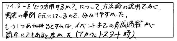 ツイッターを「どう活用するか？」について、方法論の説明でなく、実際の事例を元に…